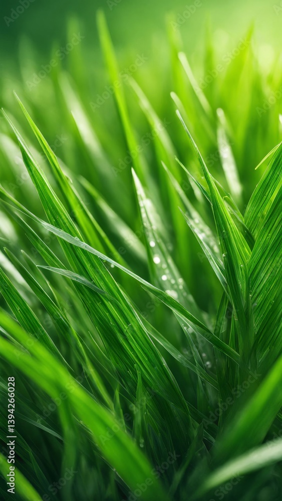 Fototapeta premium Macro shot of green grass blades with water drops, fresh natural texture, spring vegetation in soft sunlight, shallow depth of field