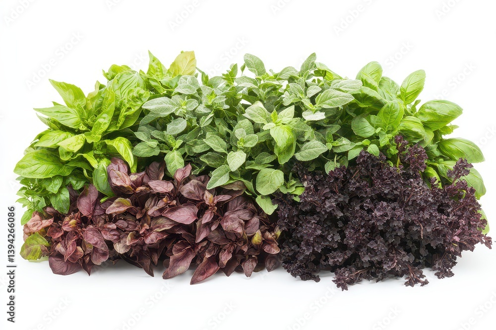 Obraz premium Fresh assortment of aromatic herbs including basil, oregano, and purple lettuce on a clean background