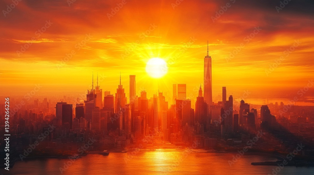 Fototapeta premium Fiery Orange Sunset Over City Skyline