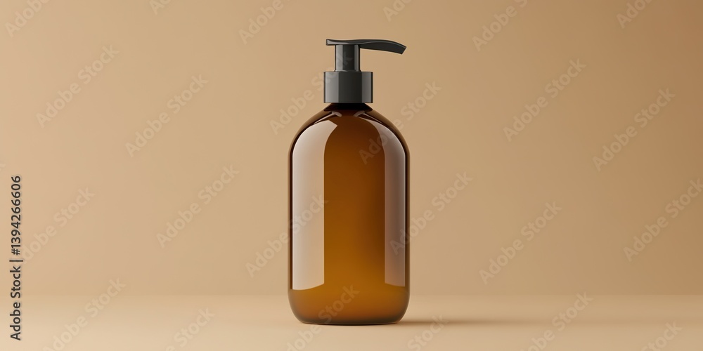 A modern and minimalist brown bottle with a sleek black pump dispenser, perfect for showcasing skincare, beauty products, or liquid soap, embodying elegance and functionality in a studio setting. A modern and minimalist brown bottle with a sleek black pump dispenser, perfect for showcasing skincare, beauty products, or liquid soap, embodying elegance and functionality in a studio setting.