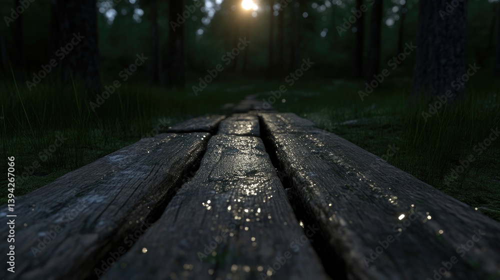 Wooden path through a dark forest at dawn. Dewy planks reflecting sunlight Wooden path through a dark forest at dawn. Dewy planks reflecting sunlight