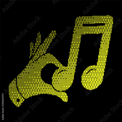 Pixel musical note halftone silhouette icon. Composer hand puts musical note into place in written symphony. Bringing a piece of music to perfection. Simple black and yellow vector isolated on black