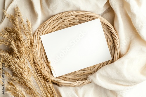 Blank Card Mockup with Wheat on Wicker Tray and Soft Fabric