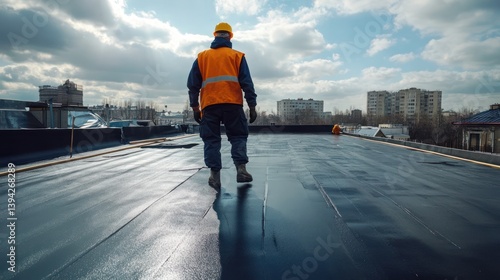 Worker inspecting flat roof, city backdrop