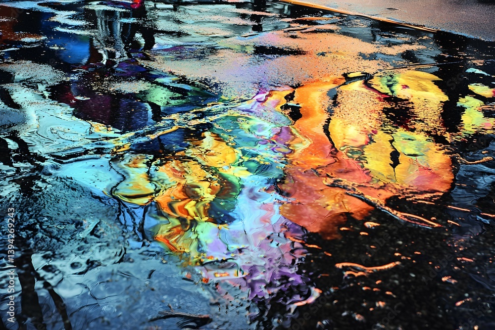 Obraz premium The oil spill’s shimmering, iridescent colors dance across the rain-soaked pavement, creating a