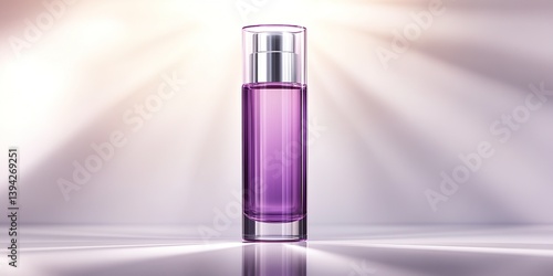 An elegant, minimalist shot of a sleek perfume bottle, its vibrant purple liquid gleaming, against a backdrop of radiant, soft light, epitomizing luxury, beauty, and sophistication.