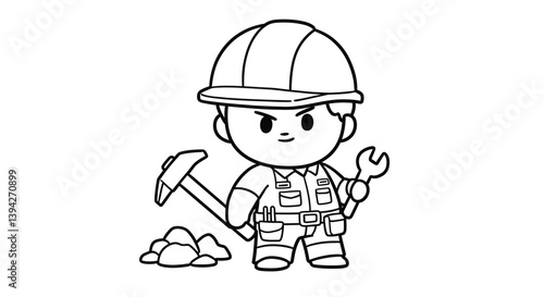 Chibi Construction Worker Coloring Page with Hard Hat & Tool - Kids Building Fun Outline