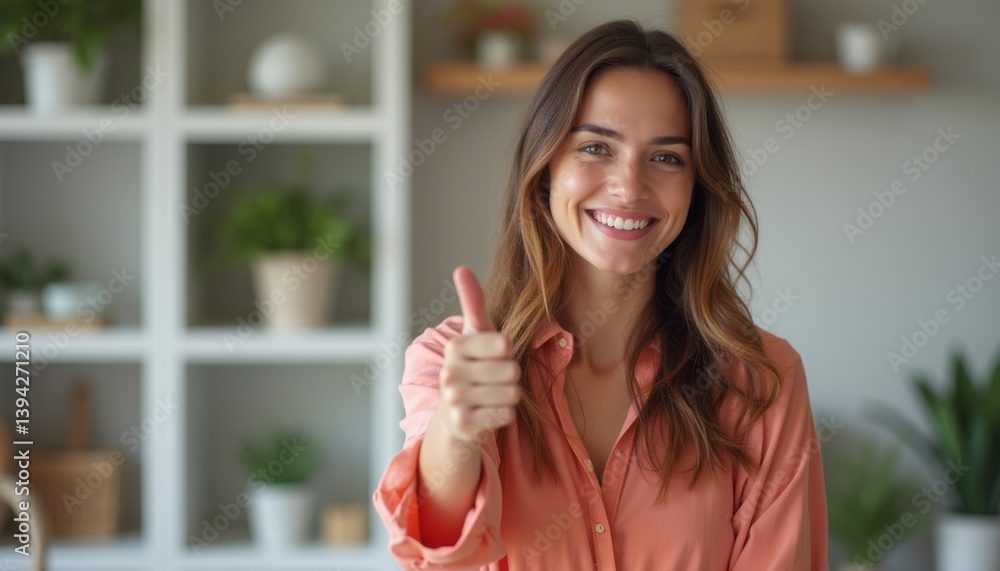 A radiant young woman with long, flowing hair smiles brightly while giving a thumbs-up in a warm, inviting room filled with greenery. Her joyful expression and positive gesture create an uplifting A radiant young woman with long, flowing hair smiles brightly while giving a thumbs-up in a warm, inviting room filled with greenery. Her joyful expression and positive gesture create an uplifting