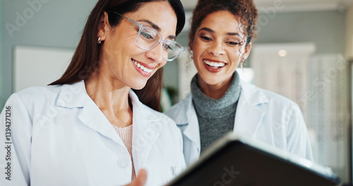 Wall Mural Tablet, women and ophthalmologist in clinic for eye care discussion, planning and show eyesight test results
