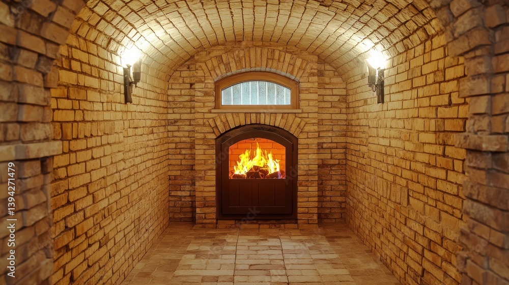 Fototapeta premium Cozy brick cellar with fireplace and arched ceiling.