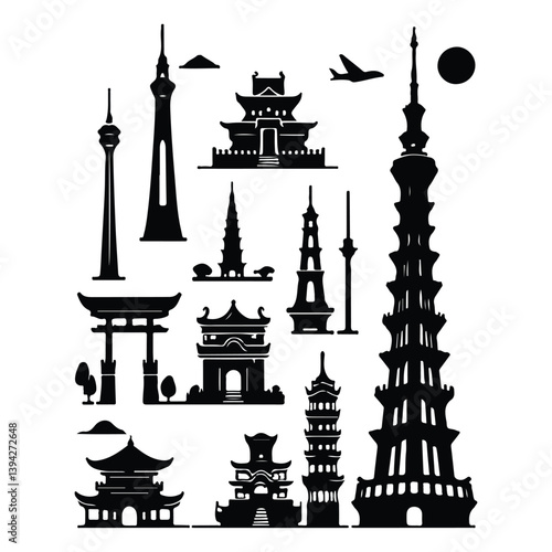 A silhouette of tower icons vector set  on a white background
