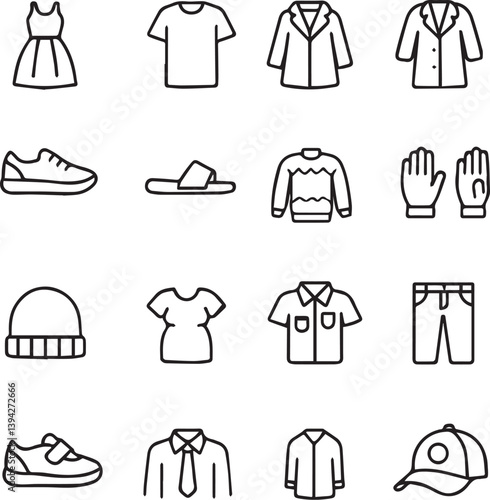 Clothing Line Icons Set Minimalist Black and White Fashion Symbols PNG