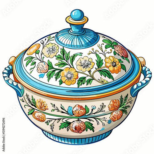 A vector illustration of a vintage porcelain soup tureen with a floral pattern and a matching lid, isolated on a white background