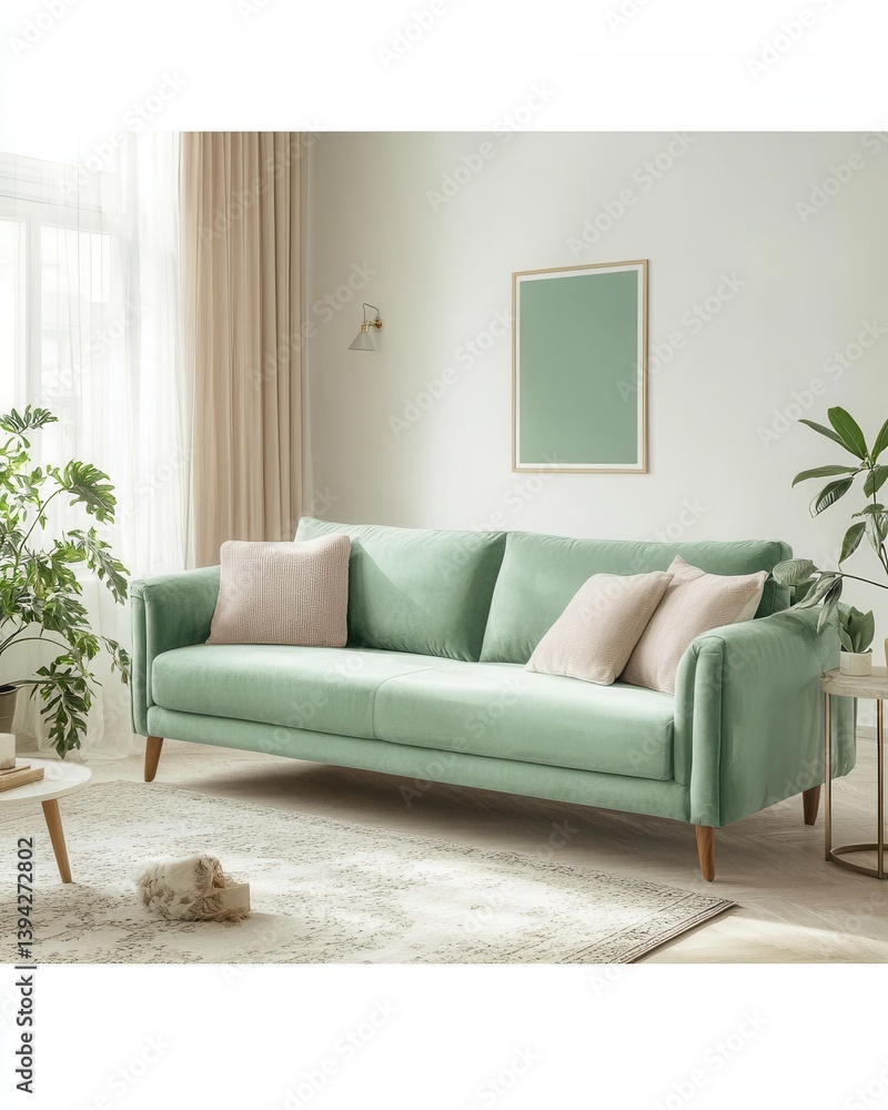 Modern mint green sofa with decorative pillows in a bright living room featuring plants and art Modern mint green sofa with decorative pillows in a bright living room featuring plants and art