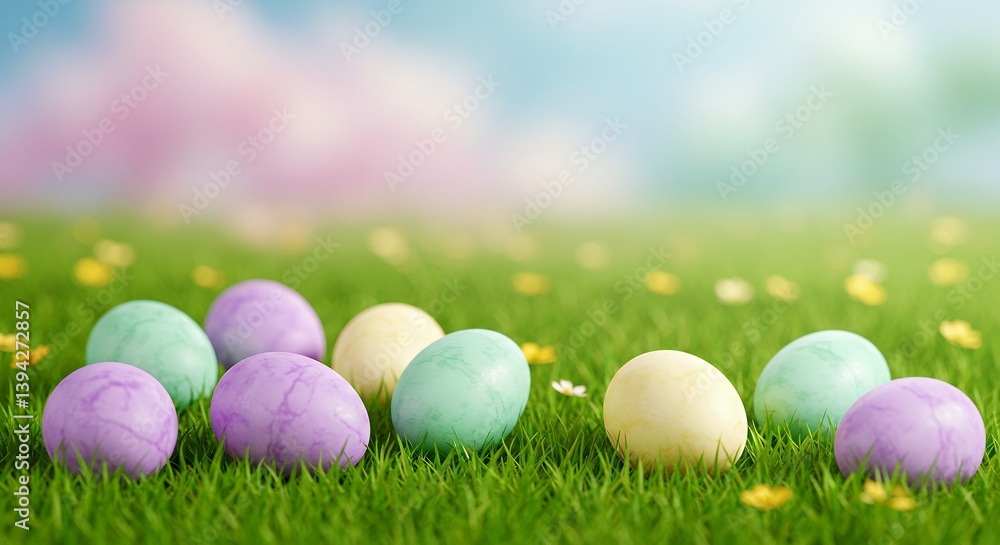 Easter Eggs on Grassy Field with Blue Sky and Soft Background Easter Eggs on Grassy Field with Blue Sky and Soft Background