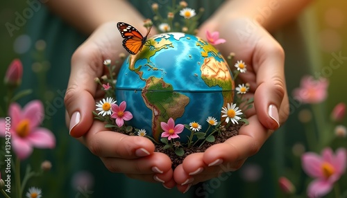 Hands holding the Earth with butterflies