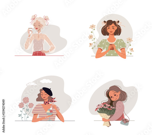 Set of female portraits and avatars in a flat style. Beautiful young women enjoy delicious food and coffee. Collection of cute cartoon girls with a flowers. Vector illustrations with a style ladies.