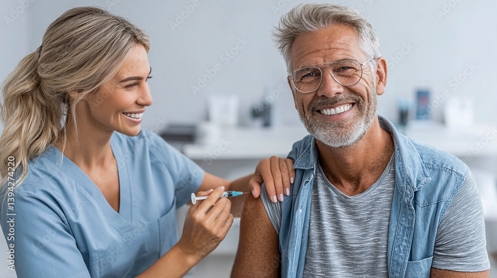 Obraz premium A man receiving an injection from a nurse. They both smile.