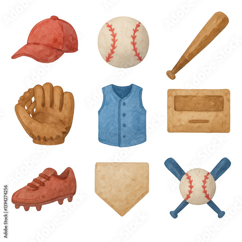 Hand-painted watercolor illustrations of baseball gear and items including bat, ball, glove, cap, jersey, base, cleats, and home plate PNG