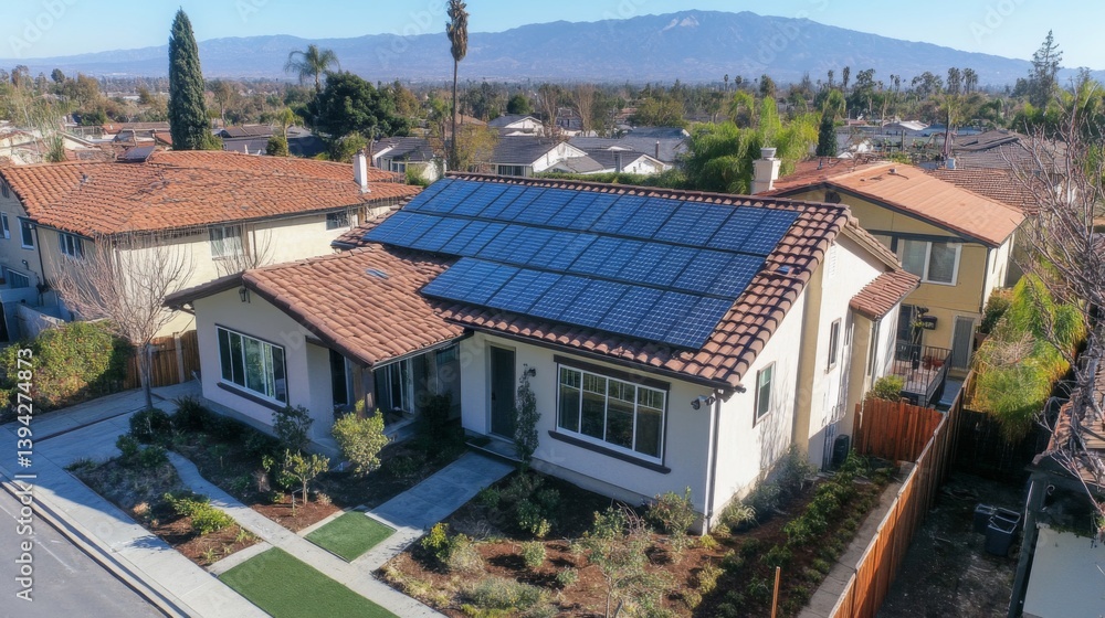 Obraz premium Aerial View of a House with Solar Panels on a Sunny Day