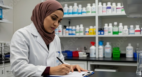 Muslim Female Pharmacist Working in Drugstore with Clipboard