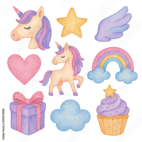 Hand-painted watercolor illustrations of fantasy elements including unicorns, rainbow, cupcake, wings, heart, cloud, and magical star PNG
