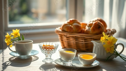 Wallpaper Mural A beautifully arranged home breakfast featuring buns, eggs, tea, and flowers, bathed in soft sunlight near a window.

 Torontodigital.ca
