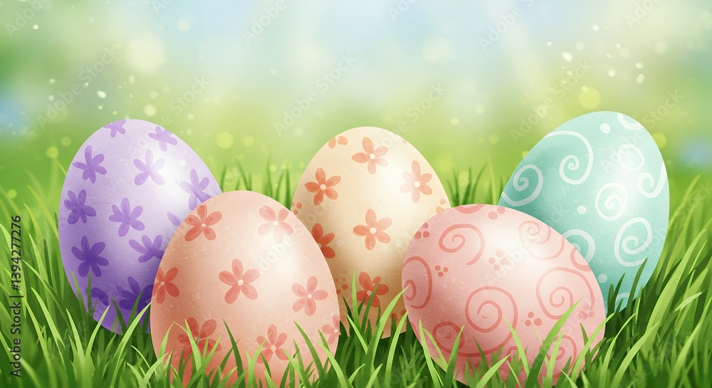 Decorated Easter Eggs in Green Grass with Blurred Background Decorated Easter Eggs in Green Grass with Blurred Background