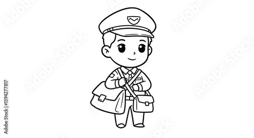 Chibi Mail Carrier Coloring Page with Full Mailbag - Kids Community Helper Outline