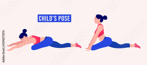 CHILD'S POSE exercise, Woman workout fitness, aerobic and exercises.