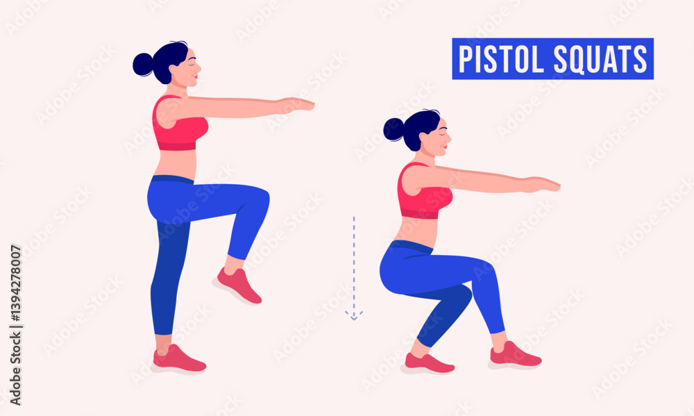 Fototapeta premium PISTOL SQUATS exercise, Woman workout fitness, aerobic and exercises.