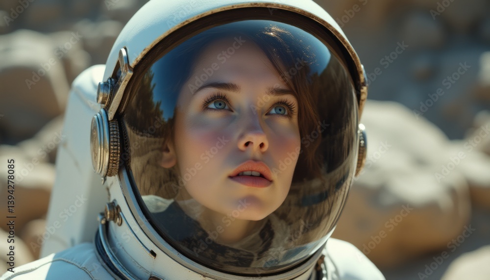 A young woman in a sleek astronaut suit gazes upward, her striking blue eyes reflecting the vastness of space. The image captures a moment of wonder and exploration, set against a backdrop of rugged A young woman in a sleek astronaut suit gazes upward, her striking blue eyes reflecting the vastness of space. The image captures a moment of wonder and exploration, set against a backdrop of rugged
