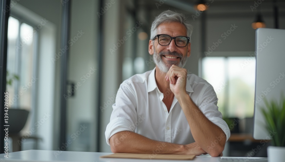 Naklejka premium A distinguished older man with a stylish beard and glasses exudes confidence while seated at a sleek desk in a contemporary office. His warm smile and thoughtful pose create an inviting atmosphere