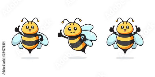 Three charming cartoon bees featuring cheerful faces and playful poses. Perfect for children's designs, education materials, and creative illustration projects.