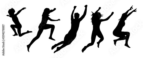 Black silhouettes set of different people jumping in the air. Men, women, children enjoying summer vacation, spending time on sea, lake. Flat vector illustrations isolated on transparent background