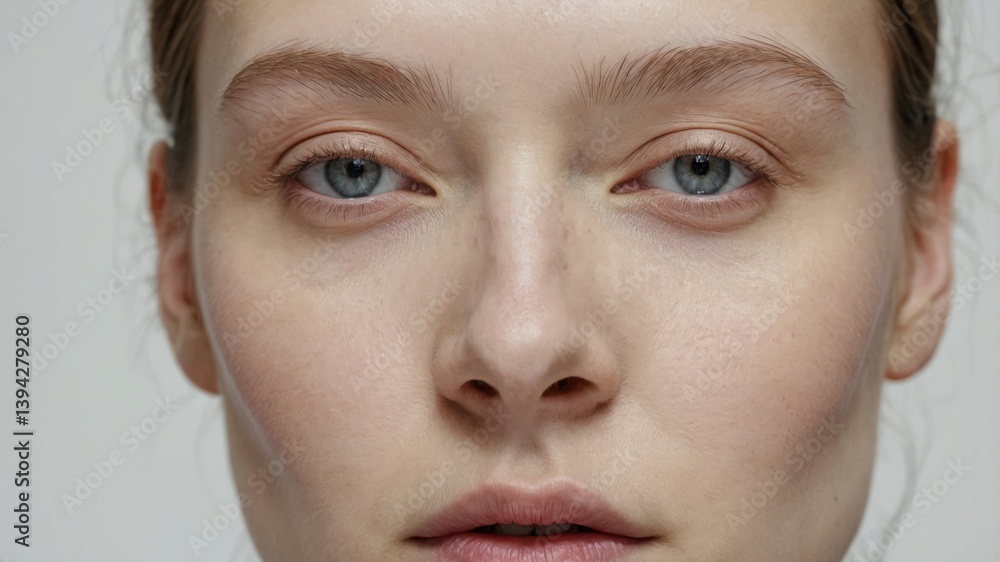 Woman face close up. Portrait shows clear skin, blue eyes, nose and lips. Light color tones present. Woman face close up. Portrait shows clear skin, blue eyes, nose and lips. Light color tones present.