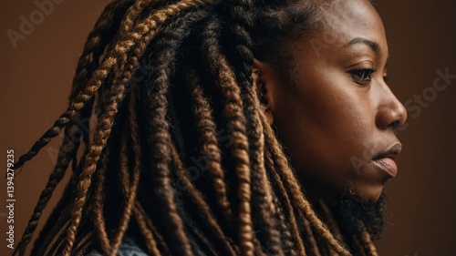 Profile view of woman. Dark skin on brown background. Braided hairstyle with brown and black colors.