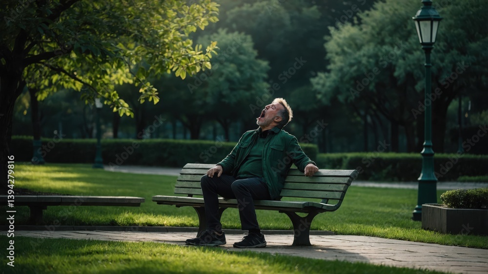 Man sits on park bench with mouth open. Green grass and trees surround bench at park. Man sits on park bench with mouth open. Green grass and trees surround bench at park.