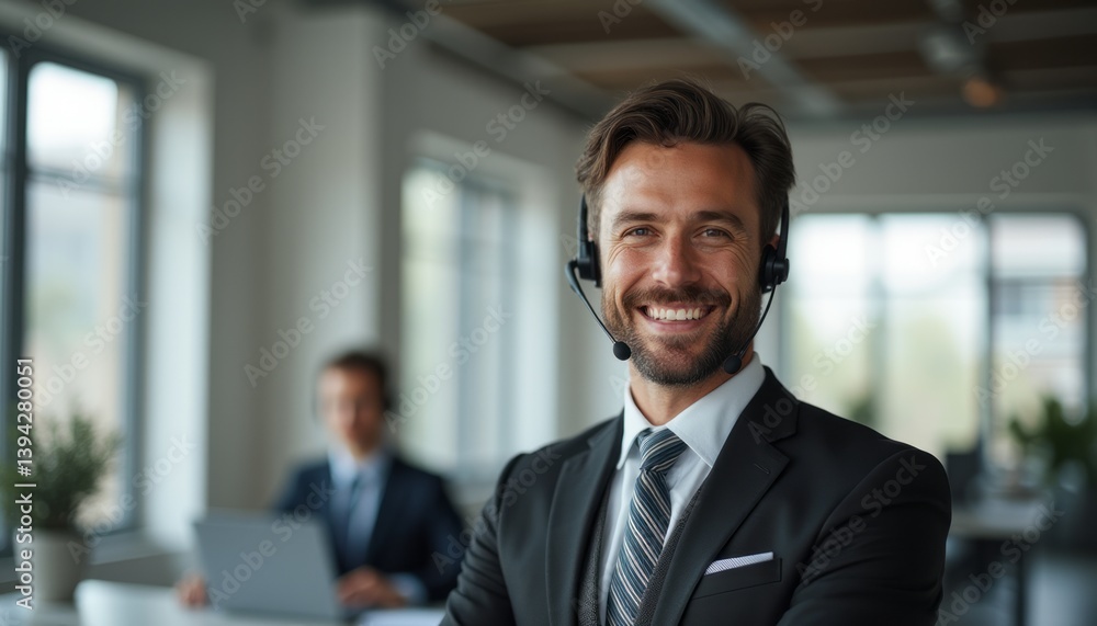 A charismatic businessman wearing a headset beams with confidence in a sleek, modern office environment. His friendly demeanor and professional attire create an inviting atmosphere, while a colleague A charismatic businessman wearing a headset beams with confidence in a sleek, modern office environment. His friendly demeanor and professional attire create an inviting atmosphere, while a colleague