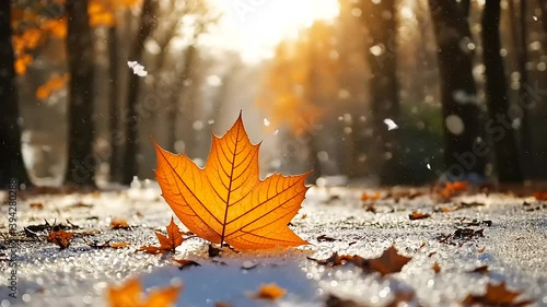Vibrant autumn scene featuring a single orange leaf on a snowy path, surrounded by trees and sunlight