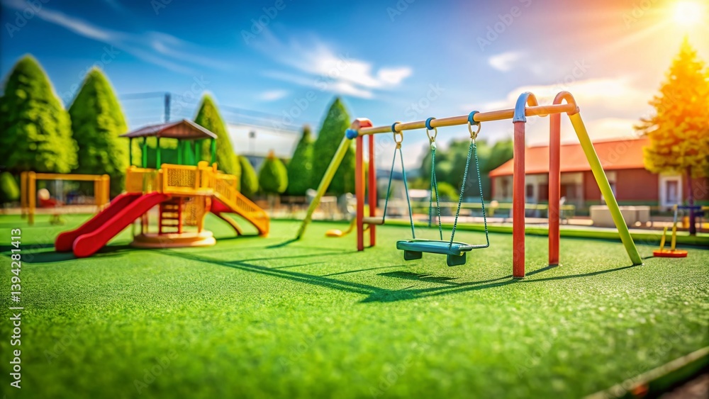 Fototapeta premium Miniature Play Area Vibrant Green Artificial Grass Playground with TiltShift Effect Featuring Swings and Slide