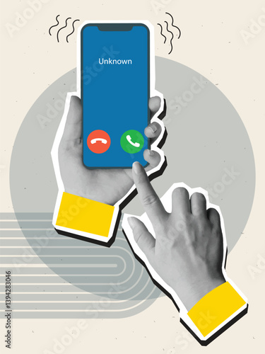 Black and white hands holding a ringing phone. Modern photo collage style. Vector illustration