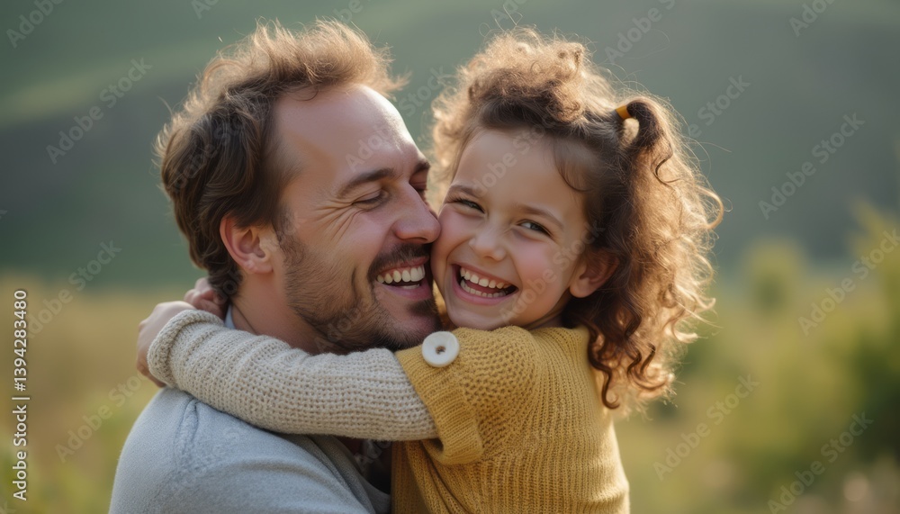 A heartwarming scene captures a father and his young daughter sharing a joyful embrace, radiating happiness against a backdrop of lush greenery. Their genuine smiles and playful connection evoke A heartwarming scene captures a father and his young daughter sharing a joyful embrace, radiating happiness against a backdrop of lush greenery. Their genuine smiles and playful connection evoke