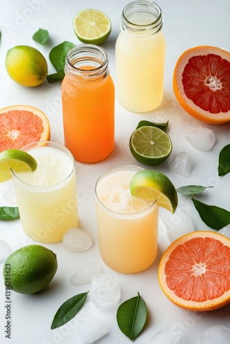 Obraz na płótnie Vibrant citrus juices and fresh fruits with ice arrangement w salonie