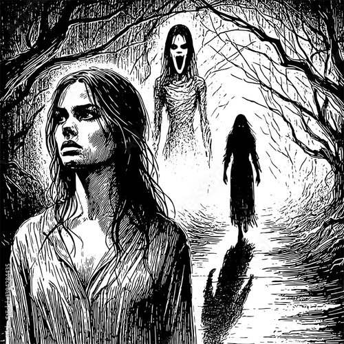 haunted forest woman walking 