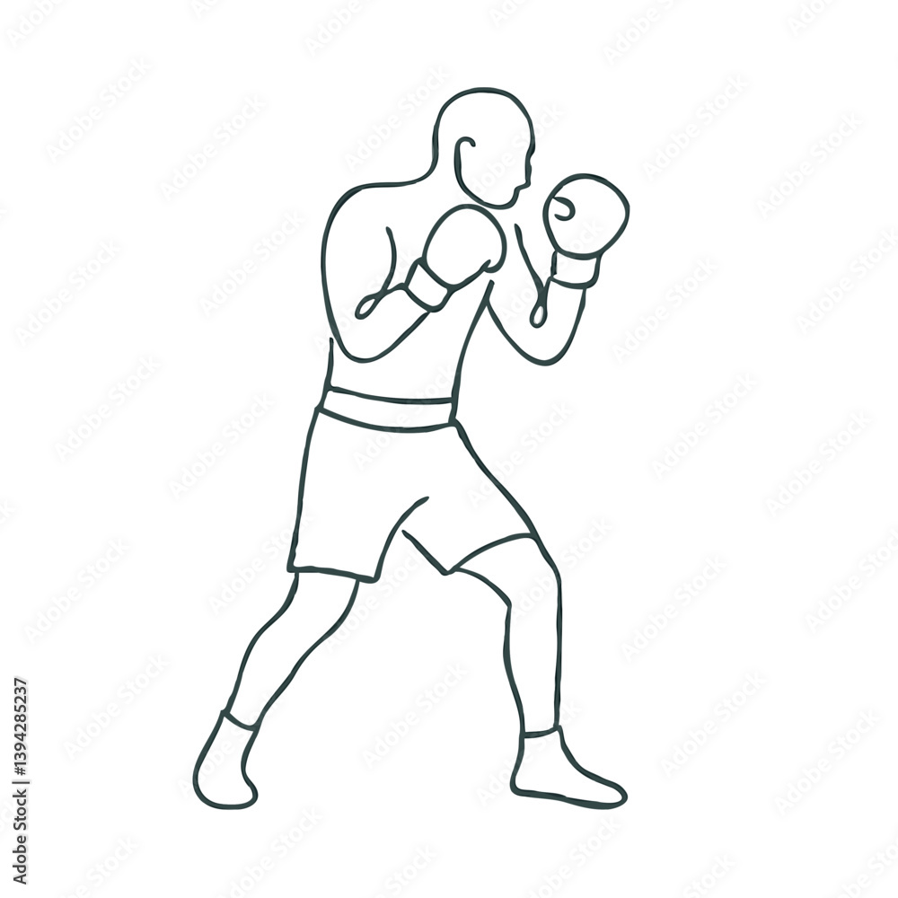 Minimal line art of boxer in fighting stance on white background Minimal line art of boxer in fighting stance on white background