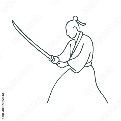 Minimal line art of samurai with sword in fighting stance