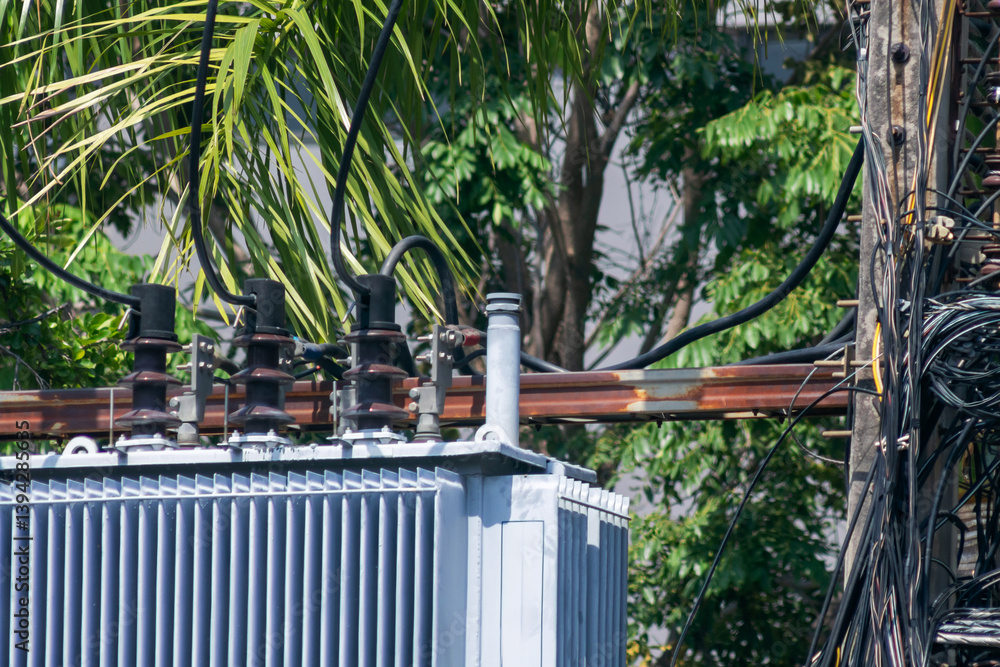 Power Transformer with Cables and Green Background