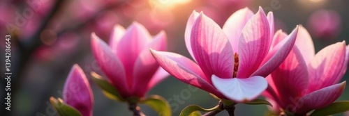 Pink magnolia flowers in full bloom, vibrant petals , pastel, springtime
