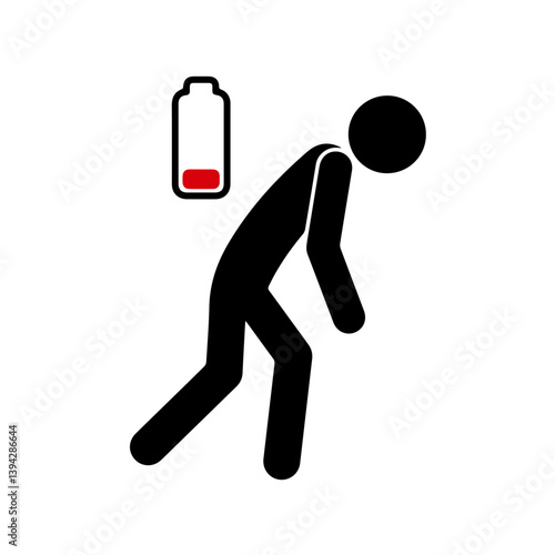Exhausted person silhouette leaning forward with low battery, lack of human energy, emotional burnout, tiredness, fatigue, mental stress, energy depletion, modern lifestyle exhaustion.